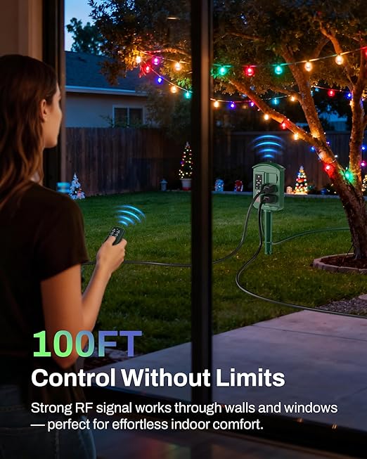 BN-LINK Outdoor Power Stake with Dusk to Dawn Timer, Waterproof 6 Grounded Outlets, 6FT Cord, 100FT Remote Control, Heavy Duty Outdoor Plug for Christmas Lights, Yard, Garden, ETL Listed