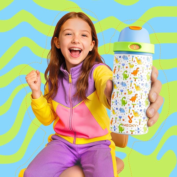 18 oz Insulated Water Bottle for Sports: Meoky Stainless Steel Kids Water Bottle with 2-in-1 Straw and Spout Lid - Leak Proof, Fits in Car Cup Holder, BPA-Free for School Gym Travel, Dinosaur Party