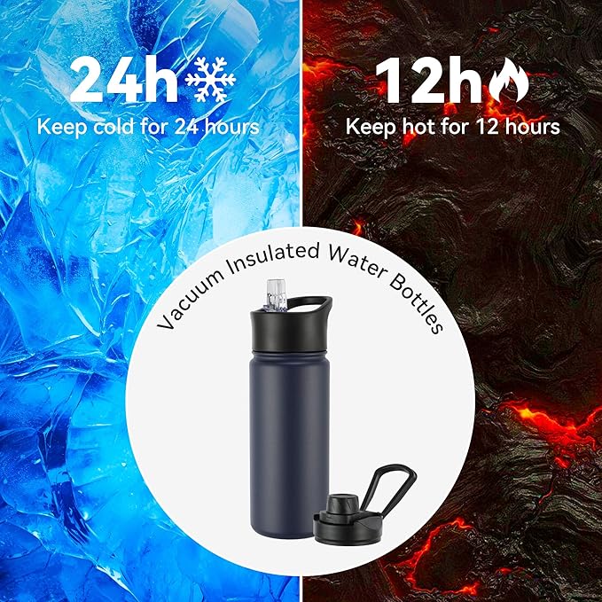 16 oz Insulated Water Bottle with Straw Lids, Stainless Steel Kids Water Bottles for School, Double Wall Vacuum Metal Water Bottle with Straw & Wide Mouth Lid, Navy 1 Pack