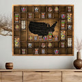 GlikCeil Large Map Slots Shot Glass Display Case Rustic Wood Holder for Different Size Shelf Organizer Wall Mount Pint Shot Glass Storage(Brown,28 x 22.6'',American Map)