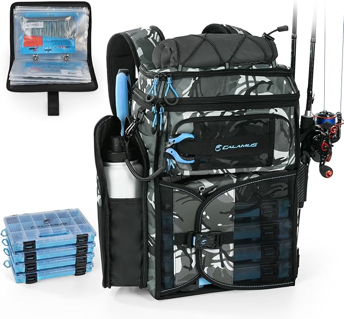 Calamus GearMaster Tackle Backpack with Bait Binder, Large Lightweight Water-Resistant Fishing Bag, Rod Holders, Food Storage
