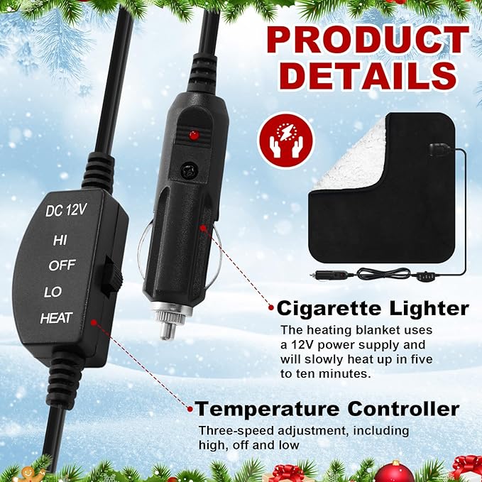 Tuanse 16 x 16 Inches Car Electric Blanket 12 Volt Heated Car Blanket with Temperature Controller and Black Storage Bag Cold Weather Tailgating and Emergency Kit(Black White Cotton,Blank)