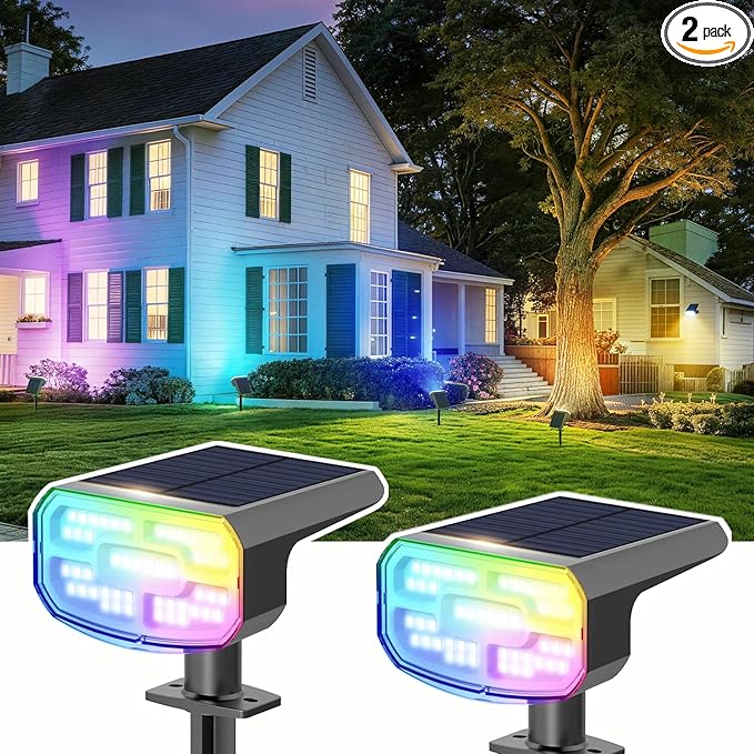 Color Changing Solar Spot Lights Outdoor Waterproof IP65,9 Lighting Modes Multicolor RGB Christmas Spotlight for Porches Yard Gardens Landscape Deconrations-2 Pack