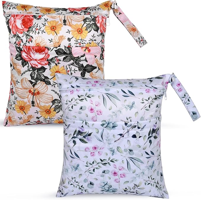 2 Pcs Wet Dry Bags for Baby Cloth Diapers,Washable Travel Bags,Beach,Pool,Gym Bag for Swimsuits or Wet Clothes with 2 Pockets-Floral