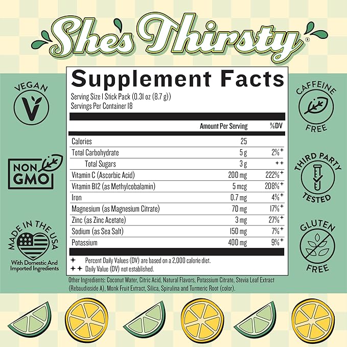 Legendairy Milk She's Thirsty Lemon Lime, No Sugar Added Electrolytes Powder Packets Coconut Water Mix for Women, Instant Hydration Packets, Immune Support, Pregnancy Safe, 18 Ct