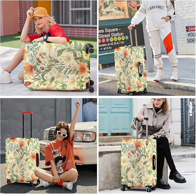 ANNA QUEEN Floral Botanical Luggage Cover, Vintage Flower Suitcase Protector, Washable Stretchable Travel Cover for 20-22 Inch Luggage