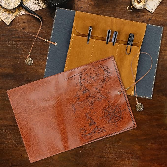 4 Pieces Leather Pencil Case, Creative Map Rollup Pencil Bag, Vintage Makeup Brush Pouch, Brown PU Matte Smooth Cover Storage Pouch Holder Organizer