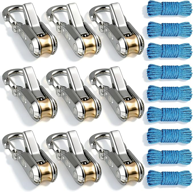 Rope Tightening Tool & Tensioner:6 Pack Rope with Roller Tensioner for Easy and Secure Tying,Heavy Duty Retractable Buckle with Accessory Cord for Camping Boating Home Storage Outdoor Use (Silver 9)
