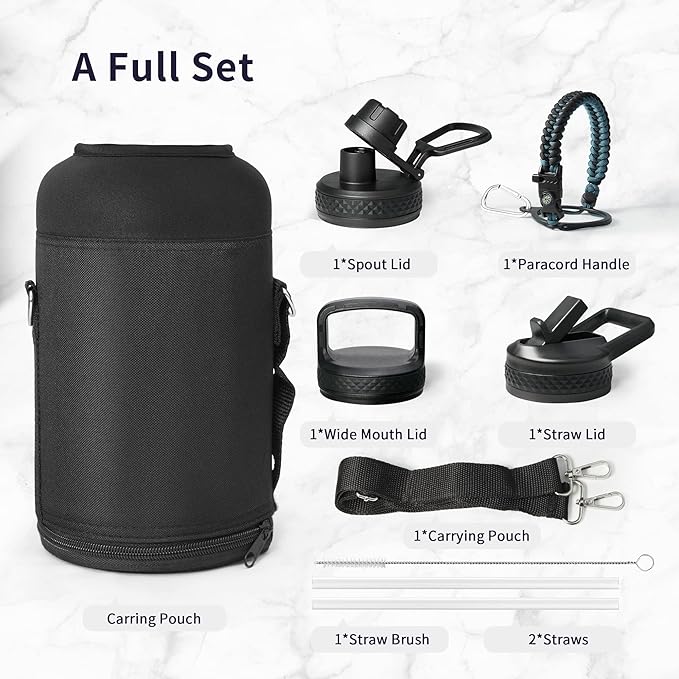 Trebo Water Bottle 64oz with Paracord Handle, Half Gallon Large Vacuum Triple Wall Stainless Steel Insulated Water Jug with Holder Strap Straw Spout Lids, Leakproof Keep Cold & Hot, Indigo/Black