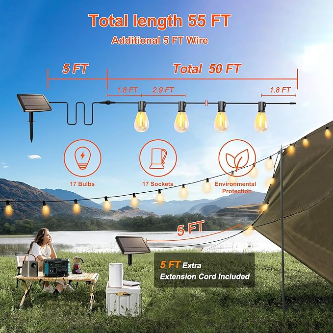 Stright 55FT Solar String Lights Outside Remote Control with USB Charging Port E12 S14 Bulbs, 55 Feet 17 Sockets Outdoor Lights Dimmable Solar Power LED Bulbs for Patio Garden Market Bistro Backyard