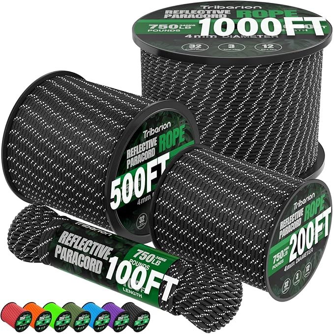 Reflective Paracord Rope 750 lb - 200ft 5/32" Parachute Cord 4MM 12-Strand para Cord - Heavy Duty Spool String for Survival,Camping Gear, Survival Bracelet, Clothesline - Black