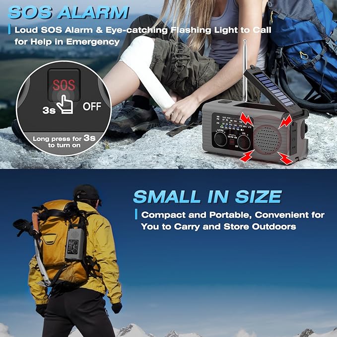 NITIGO Emergency Radio 4000mAh Solar Hand Crank AM/FM/NOAA Portable Weather Radio with Phone Charger, LED Flashlight, Reading Lamp, SOS Alarm, Headphone Jack for Indoor Outdoor Emergency, USB Charged