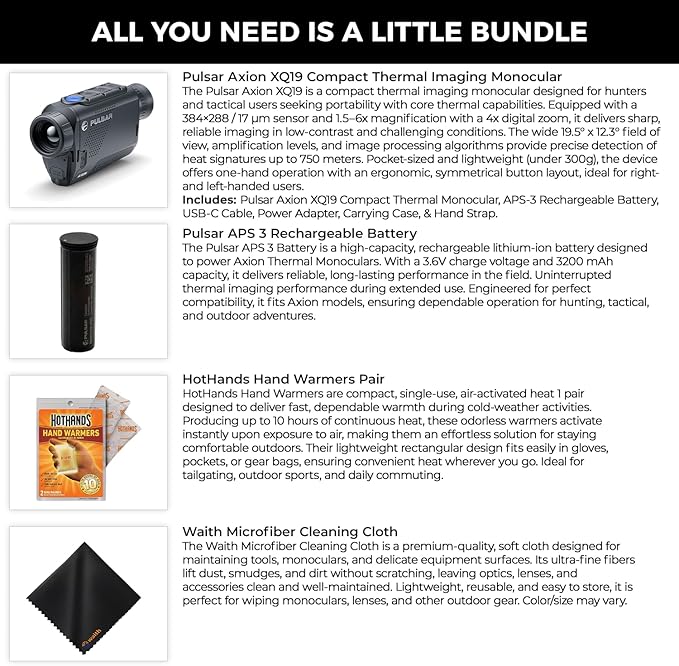 Pulsar Axion XQ19 Compact Thermal Imaging Monocular - High Sensitivity & Vision monocular with Pulsar APS 3 Battery, 1 Pair of Air Activated Hot Hand Warmers, & Microfiber Cleaning Cloth - Bundle Kit