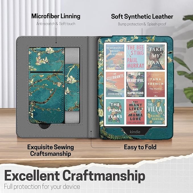 TNP Stand Case with Strap for Kindle Paperwhite 12th Gen 2024 / Kindle Colorsoft Signature Edition - 7" PU Leather Protective Folio Cover with Auto Wake/Sleep & Card Slot, Almond Blossom