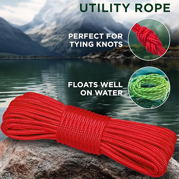 TECEUM Rope – 90 Feet x 3/8 Inch (10mm) – Red – Strong All-Purpose Utility Rope – Camping, Crafting, Flag Pole, Indoor & Outdoor – Polypropylene Nylon Poly Lightweight Diamond Braided Cord
