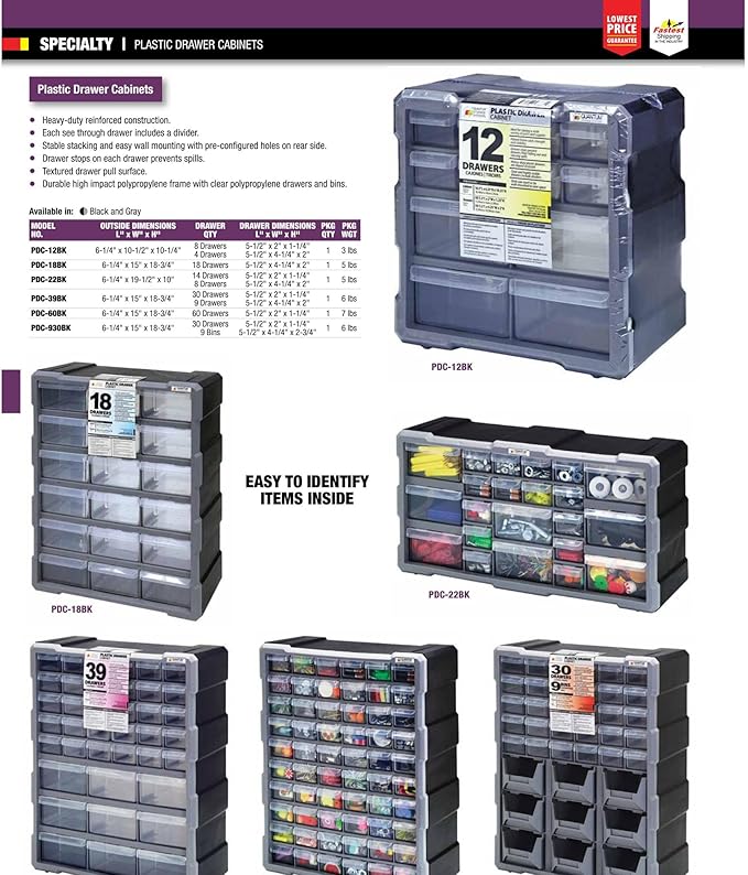 Quantum Storage Systems PDC-22BK 22 Drawers Cabinet Part Organizer 10" H x 20" W x 7" D
