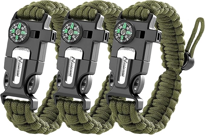Paracord Survival Bracelet (3 Pack) - Adjustable with Fire Starter, Whistle, Compass - Survival Gear for Hiking, Camping, Fishing, Gifts for Men Dad Husband