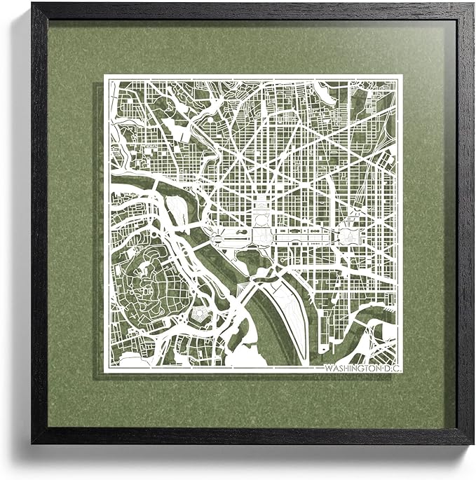 Washington D.C. Cut Map framed by O3 Design Studio, White map, Black frame, 18x18 inches, paper cutting art work, Gift Boxed, 4 background color, self-changing, Wall Art