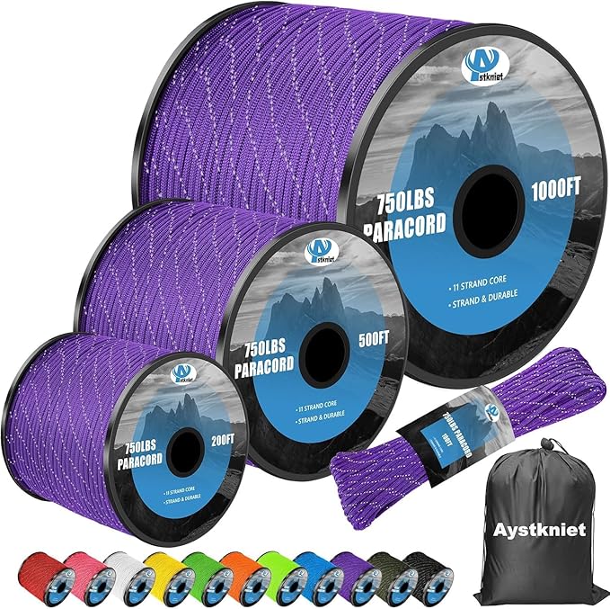 750Ib Reflective Paracord Rope,100' 200' 500' 1000', 4mm 11 Strand Parachute Spool Cord with Collecting Bag, para Cord Lanyard for Hammock, Camping
