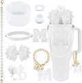 9PCS White for Stanley Cup Accessories Set Bling Initials Bow Charms for Stanley Decorations 30/40 Oz Tumbler Accessories Including Bow Straw Topper, Handle Strap, Spill Stopper（Letter M）