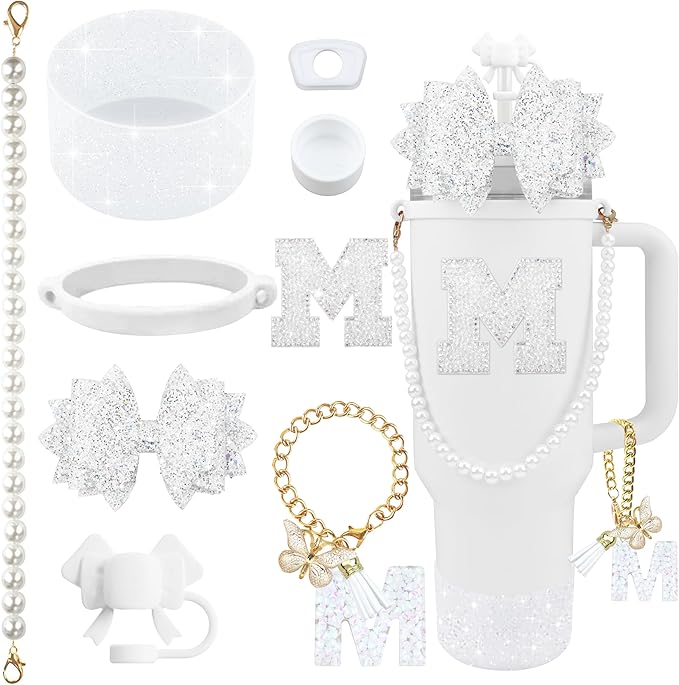9PCS White for Stanley Cup Accessories Set Bling Initials Bow Charms for Stanley Decorations 30/40 Oz Tumbler Accessories Including Bow Straw Topper, Handle Strap, Spill Stopper（Letter M）