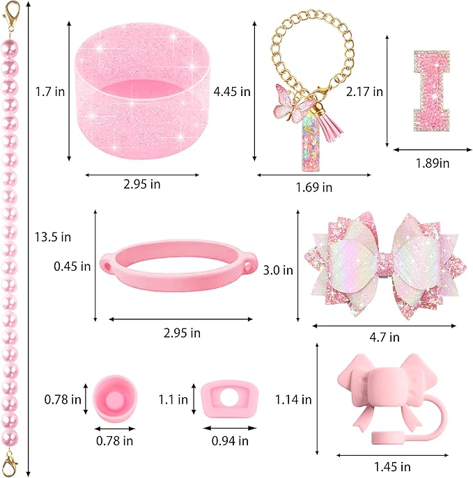 9PCS Pink for Stanley Cup Accessories Set Bling Initials Bow Charms for Stanley Decorations 30/40 Oz Tumbler Accessories Including Bow Straw Topper, Handle Strap, Spill Stopper（Letter I）