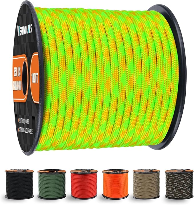 WEREWOLVES 650lb Paracord/Parachute Cord - 9 Strand Paracord Rope - 100', 200' Spools of Parachute Cord, Type III Paracord for Camping, Survival