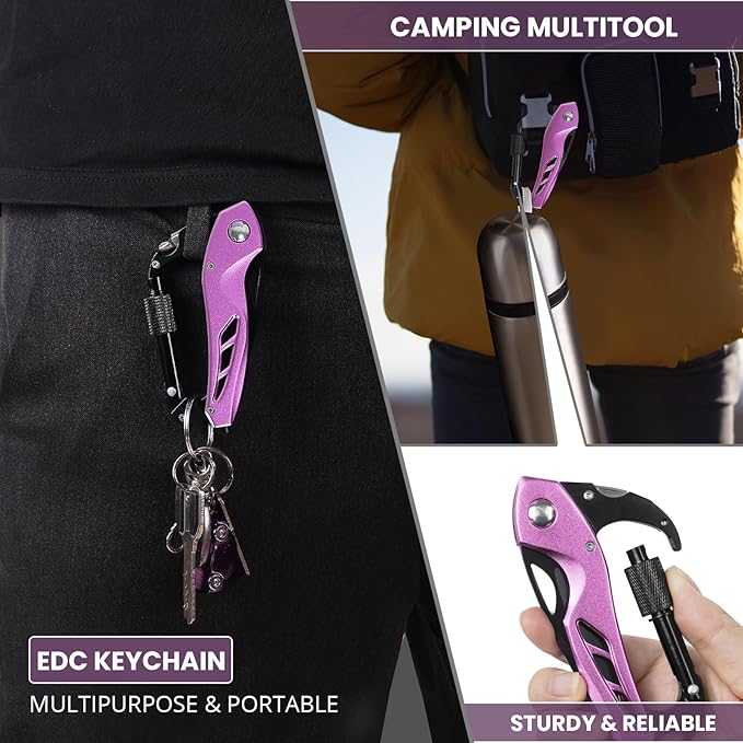 FUNBRO Pink Multitool Carabiner, Stocking Stuffers Gifts for Mom Women Wife, 6-in-1 Keychain Multi Tools with Window Breaker, Bottle Opener and Screwdriver, EDC Gear Gadget for Camping Hiking