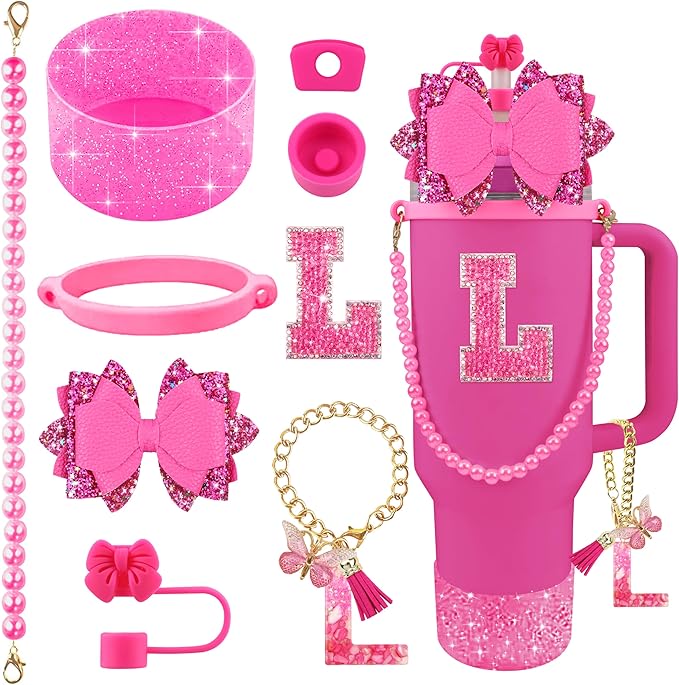 9PCS Hot Pink for Stanley Cup Accessories Set Bling Initials Bow Charms for Stanley Decorations 30/40 Oz Tumbler Accessories Including Bow Straw Topper, Handle Strap, Spill Stopper（Letter L）