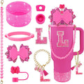 9PCS Hot Pink for Stanley Cup Accessories Set Bling Initials Bow Charms for Stanley Decorations 30/40 Oz Tumbler Accessories Including Bow Straw Topper, Handle Strap, Spill Stopper（Letter L）