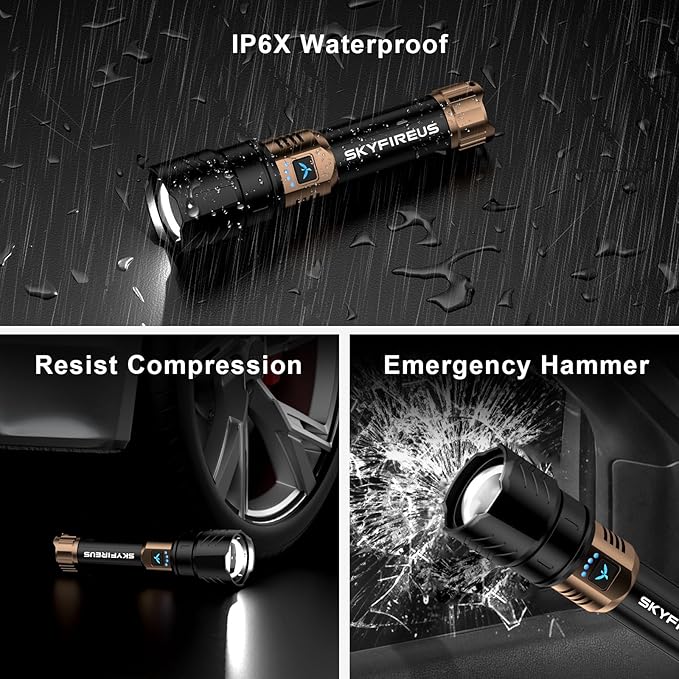 SKYFIRE Rechargeable Flashlights High Lumens,10000mAh Super Bright Flashlight Zoomable 4Modes Waterproof LED Tactical Flash Light for Camping Essentials,Outdoor and Home Emergencies