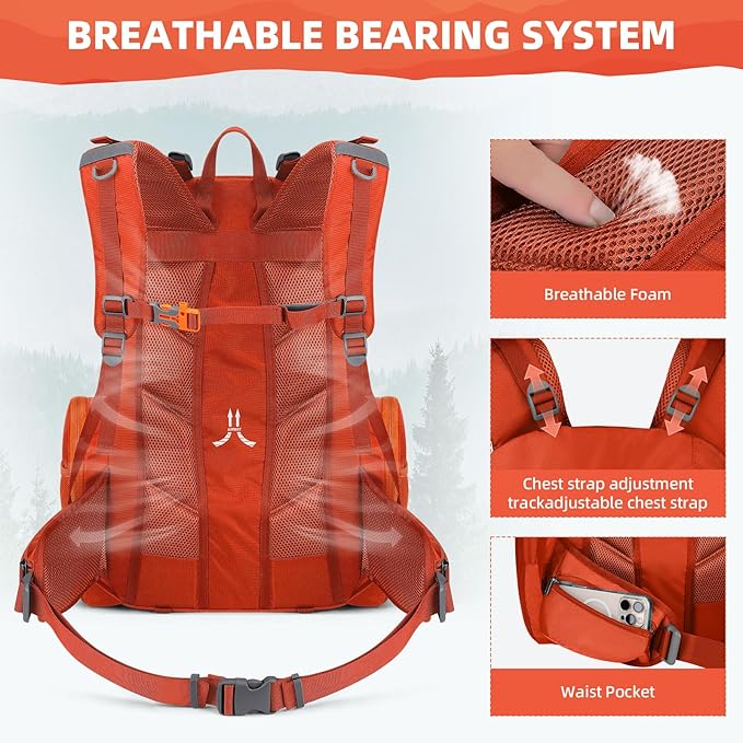 Maelstrom Hiking Backpack, 40L Waterproof Camping Daypack for Men and Women, Lightweight Travel Pack with Rain Cover (Orange)