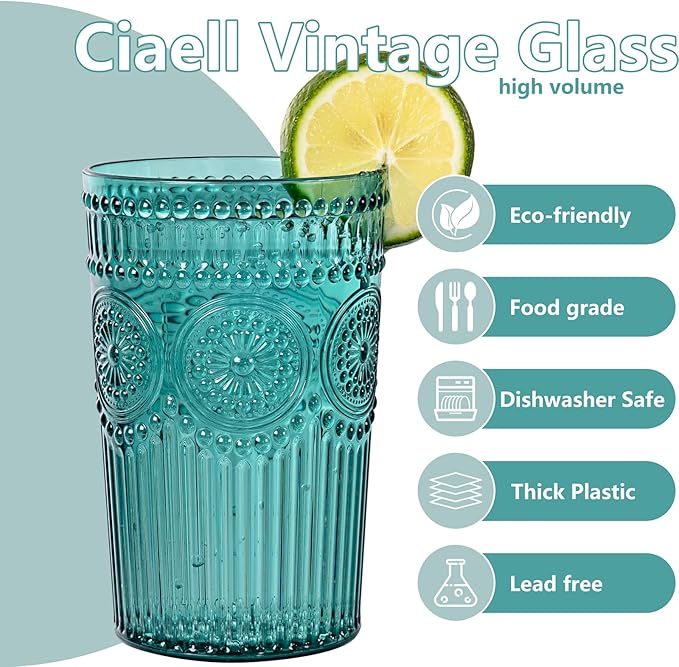 Ciaell 12 Pack Romantic Plastic Water Glasses - 14 Oz Green Vintage Drinking Glasses, Embossed Ribbed Plastic Cups, Textured Striped Set for Juice, Beverages, Beer, Cocktail，St. Patrick's Day