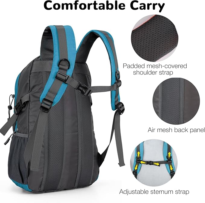 25L Small Hiking Backpack with Chest Strap for Men Women, Waterproof Travel Backpack Day Pack, Lightweight Padded Hiking Daypacks for Camping Traveling Outdoor Sports, Lake Blue