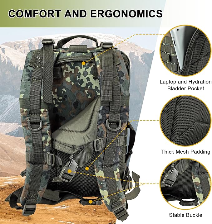Hannibal Tactical MOLLE Assault Backpack, Tactical Backpack Military Army Camping Rucksack, 3-Day Pack Trip w/USA Flag Patch, D-Rings, Flecktarn