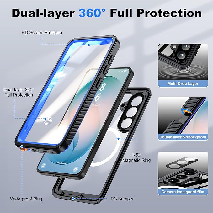 ANTSHARE for Samsung Galaxy S26 Case Waterproof, Built-in Lens & Screen Protector, [Compatible with MagSafe] Shockproof Dropproof Dustproof Full Body Phone Case for S26 6.3"-Blue/Clear