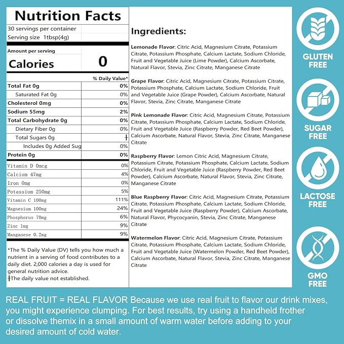 Hydration Packets Sugar Free, 0 Calorie Electrolytes Powder Packets 6 Flavors, 8 Electrolytes & Minerals Variety Pack, 30 Stickpacks for Sports, Travel, Workouts & Daily Hydration