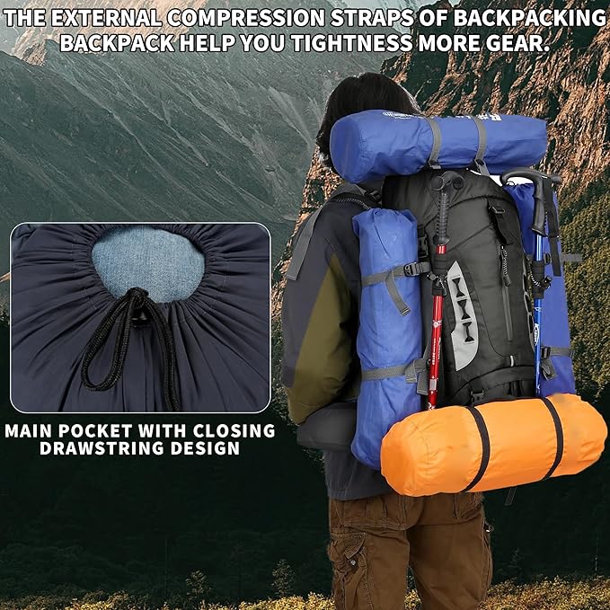 75L Hiking Backpack with Rain Cover Waterproof Camping Backpack Shoes Warehouse for Men Women, Frameless