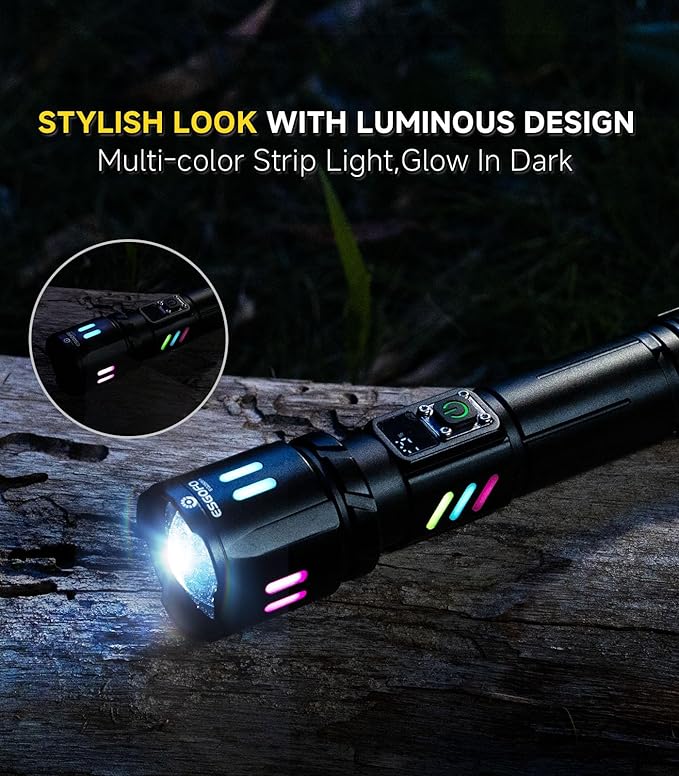 Esgofo Rechargeable Flashlights High Lumens 100000, Single Click Button Design, Super Bright 30W LED, Long Lasting 15H, USB C Input & Output, LCD Power Display, 6.69” Length, for Camping Hiking Home