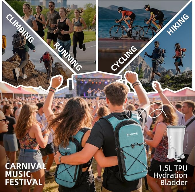 Hydration Pack Backpack, Insulated Hiking Water Backpack with 1.5L Water Bladder, Running Hydration Vest Backpack for Men Women, Hydro Daypack for Hiking, Cycling, Climbing, Rave
