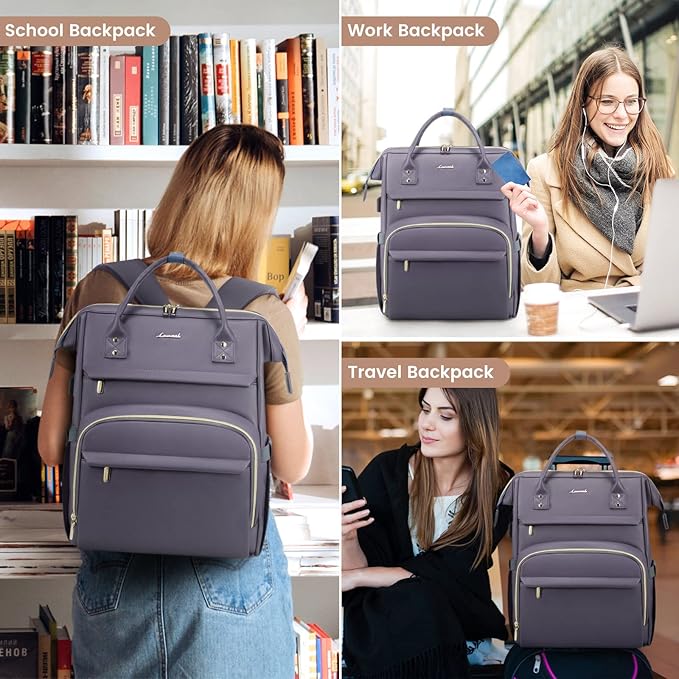 LOVEVOOK Leather Laptop Backpack for Women 17 inch,Travel Backpack Purse Nurse Teacher Backpack Computer Laptop Bag,Professional College Business Work Bags Carry On Backpack with USB Port,Grey Purple