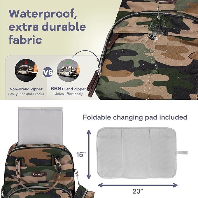 RUVALINO Diaper Bag Backpack, Multifunction Travel Back Pack Maternity Baby Changing Bags, Large Capacity, Waterproof and Stylish, Green Camo