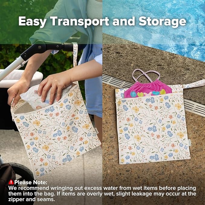 haakaa Water Resistant Wet Bags for Baby Wet Dry Bags for Cloth Diaper, Reusable Wet Bags for Baby Items, Swimsuit & Travel, 2pcs, Garden Flow