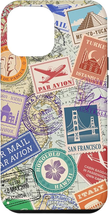 World Map Travel Passport Stamps Postage Stamp Case for iPhone 12 Pro Max
