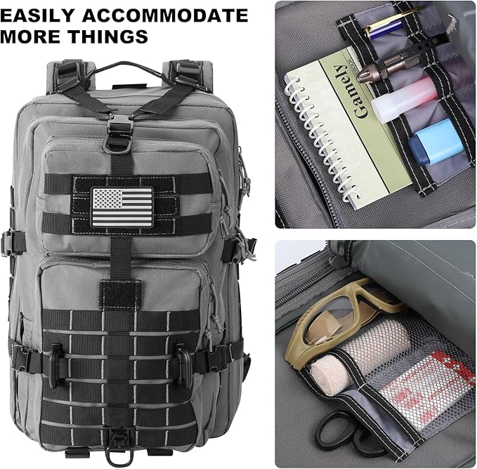 Hannibal Tactical MOLLE Assault Backpack, Tactical Backpack Military Army Camping Rucksack, 3-Day Pack Trip w/USA Flag Patch, D-Rings Grey and Black