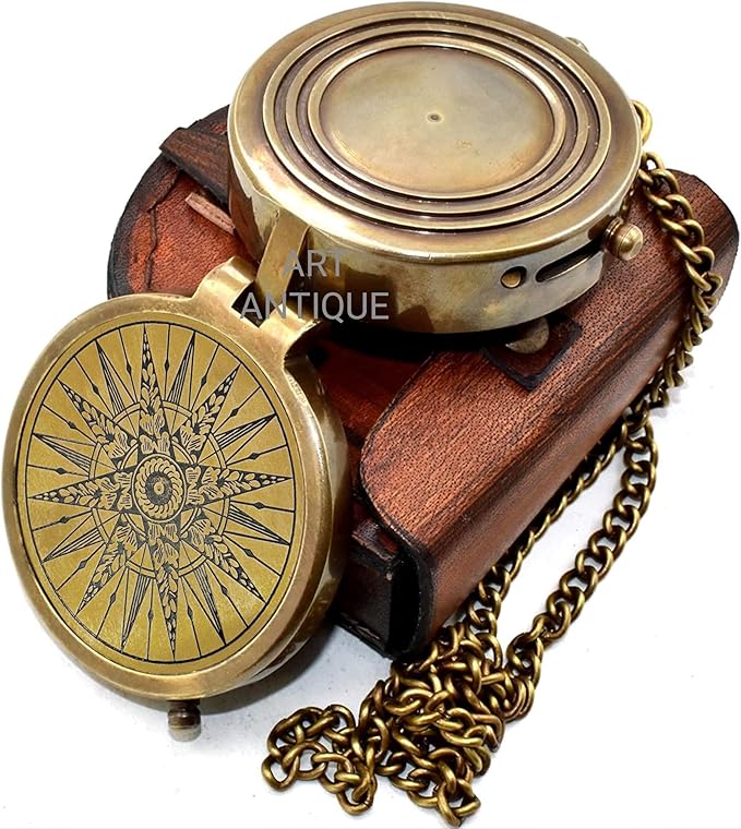 Vintage Brass Pocket Compass with Leather Case, Engraved Antique Nautical Compass for Hiking Camping Survival Navigation, Unique Gift for Men Women Husband Wife Anniversary Birthday Christmas