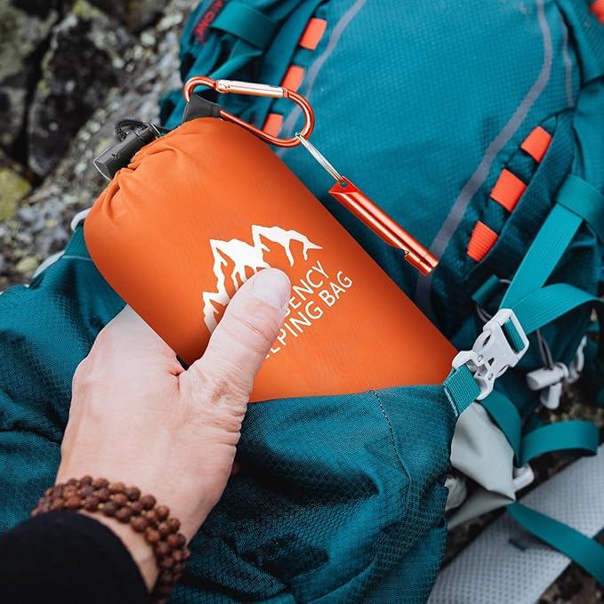Oudain 2 Pcs XL Emergency Sleeping Bag 94.5" x 49.2" Waterproof Survival Sleeping Bag with Whistle Carabiner Portable Thermal Bivy Sack Emergency Blankets for Camping Hiking Outdoor
