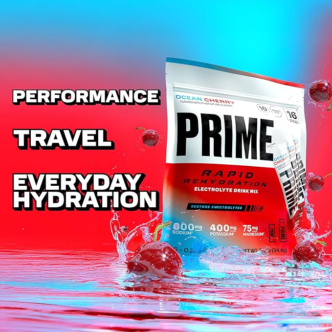 Prime Rapid Rehydration Electrolyte Powder Sticks, Ocean Cherry, Sugar Free Hydration Drink Mix with Sodium, Potassium, Magnesium & B Vitamins to Replenish Fluids, Caffeine Free, 16 Count