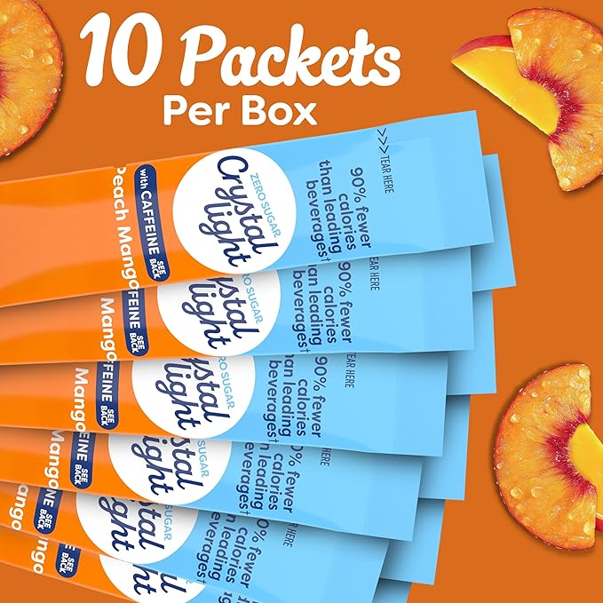 Crystal Light On The Go Peach Mango With Caffeine Drink Mix, 10-Packet Box, 0.7 OZ (Pack of 6)