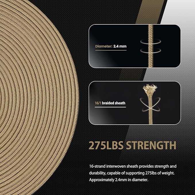 Abma Cord 2.4mm Paracord 275 100ft Nylon Rope 4 Strands Tactical Parachute Cord - Max. 275lbs - Tan